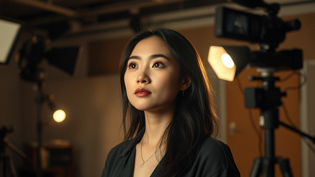 Vietnamese-American actress in modern film studio setting, professional lighting, contemplative expression, contemporary cinematography aesthetic, no text or identifying marks, warm studio atmosphere