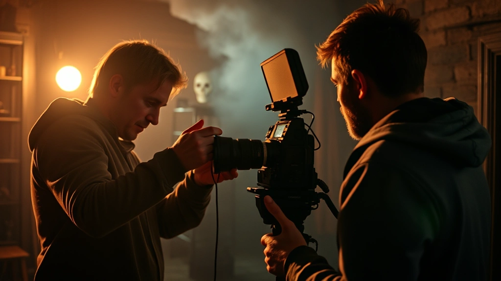 Professional film production scene showing director and cinematographer framing horror comedy shot with professional camera equipment in dimly lit haunted location set