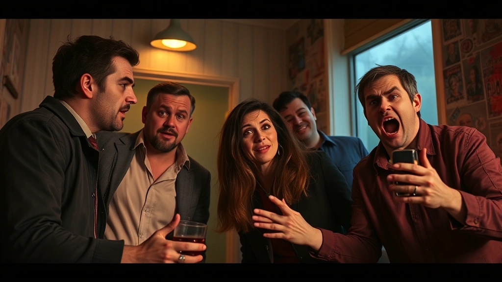 Modern horror comedy film scene with actors in comedic supernatural situation, digital media production quality, practical special effects visible