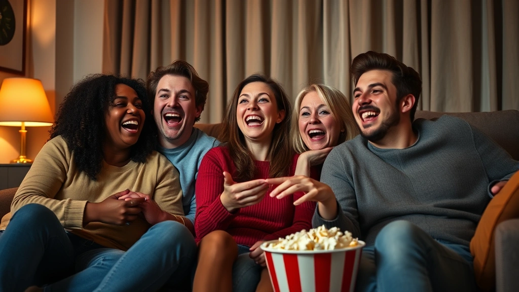 Diverse group of friends laughing while watching horror comedy film together on couch, warm interior lighting, popcorn bowl visible, engaged expressions