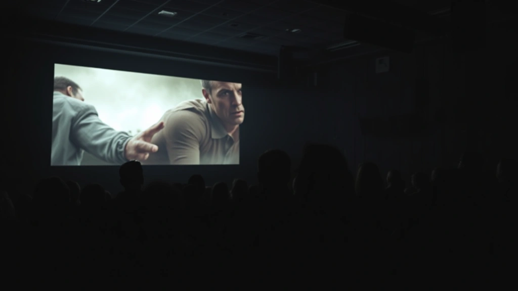 Dark theater auditorium with silhouetted audience members watching an intense movie scene projected on a large screen, dramatic lighting creating suspense and engagement