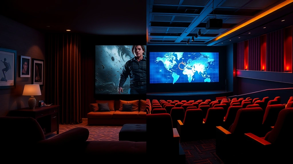 Split-screen showing contrast between home living room with home theater setup displaying a horror film and commercial multiplex theater interior with seats and screen