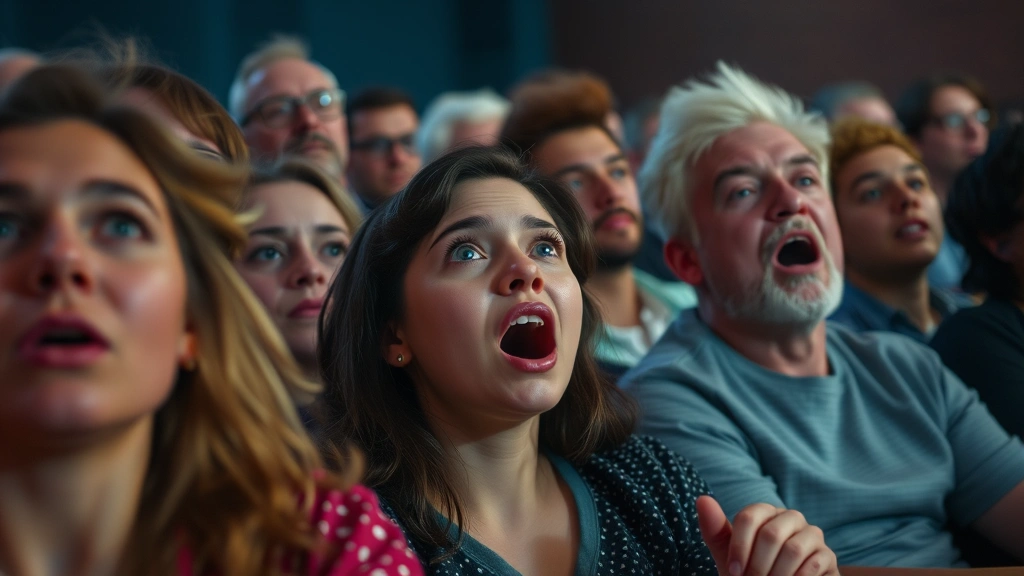 Close-up of diverse audience members in a movie theater experiencing genuine fear and surprise reactions during a horror film screening, showing emotional connection and collective experience