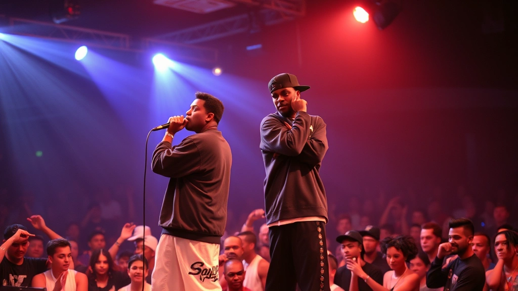 Young Black male performers on stage with microphones in 1990s hip-hop concert setting, energetic crowd atmosphere, professional lighting, vibrant stage presence