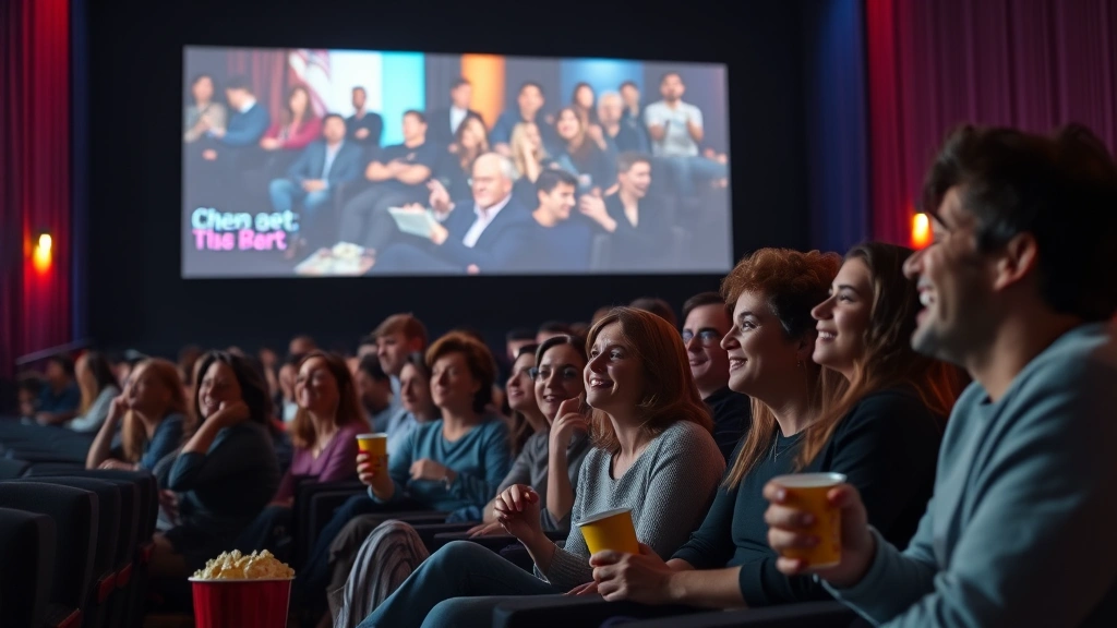 Modern cinema audience in movie theater watching film on large screen, diverse group of people laughing and engaged, warm theatrical lighting, popcorn and drinks visible