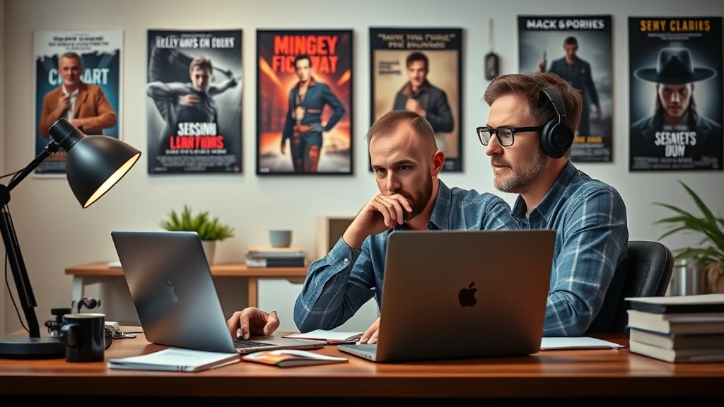 Film critic at desk reviewing movies with laptop, notebooks, coffee, thoughtful expression, home office setup with movie posters on wall, modern workspace