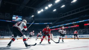 Professional hockey players in intense on-ice competition during night game with bright stadium lighting, dynamic action moment capturing physical sport intensity