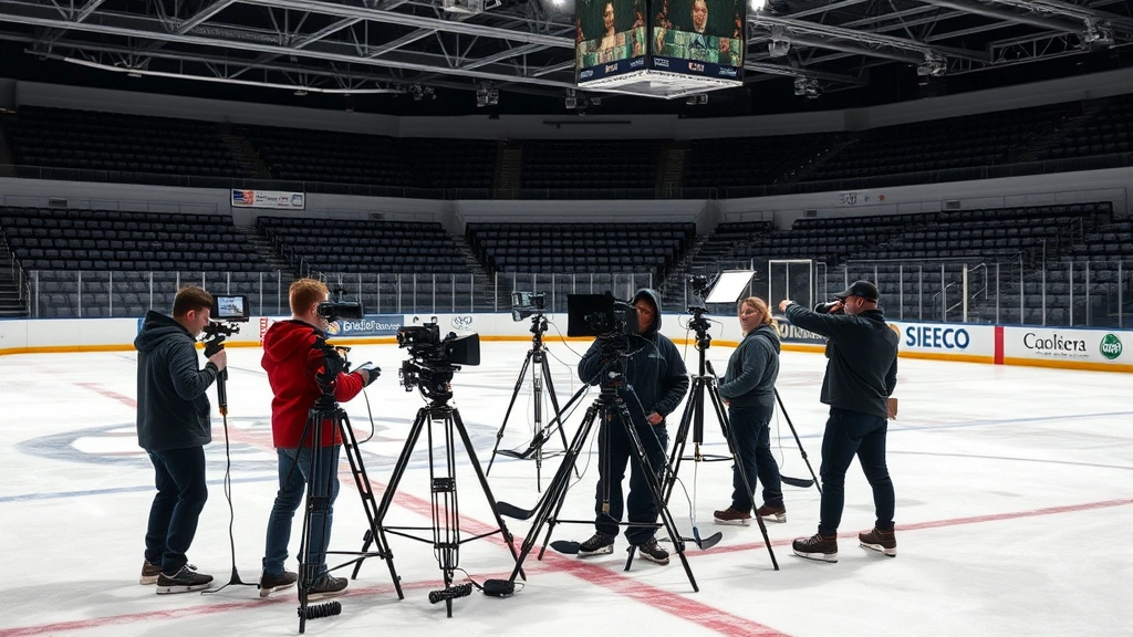 Film production crew setting up camera equipment and lighting rigs on indoor ice hockey rink, cinematography and filmmaking equipment visible