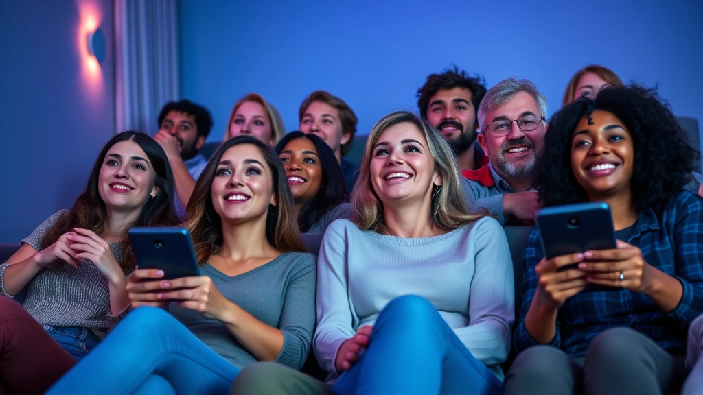 Diverse group of people watching movie together in modern home theater setting, engaged expressions, casual comfortable viewing environment