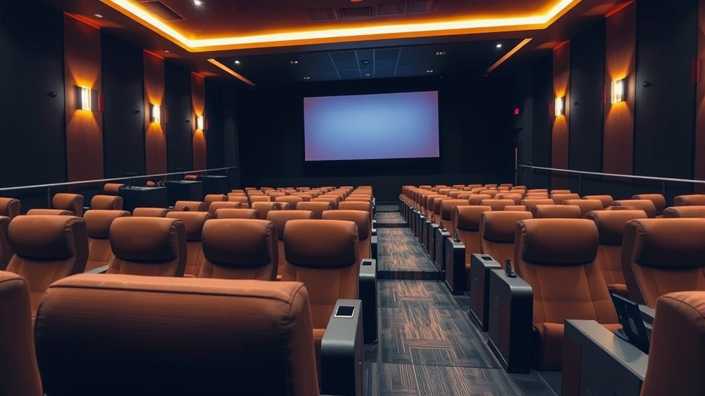 Modern movie theater interior with plush reclining seats, warm ambient lighting, and professional cinema projection screen visible in background, no people or text visible