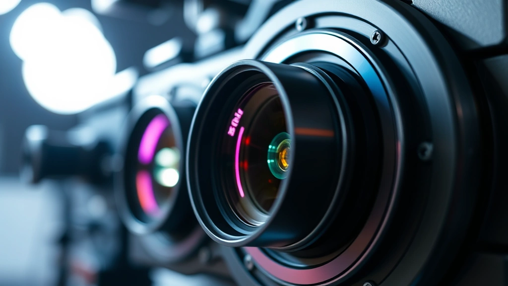 Close-up of advanced cinema projection lens and laser light system components, showing technological precision and professional exhibition equipment, studio lighting