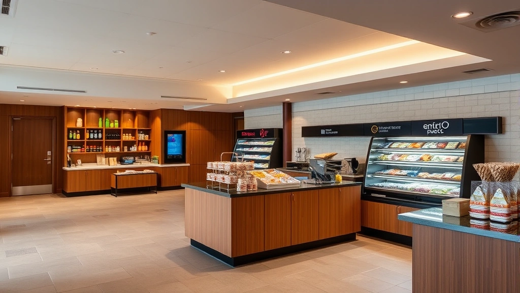 Theater lobby concession area featuring gourmet snack displays, artisanal beverage options, and modern service counter with warm wooden elements and contemporary design
