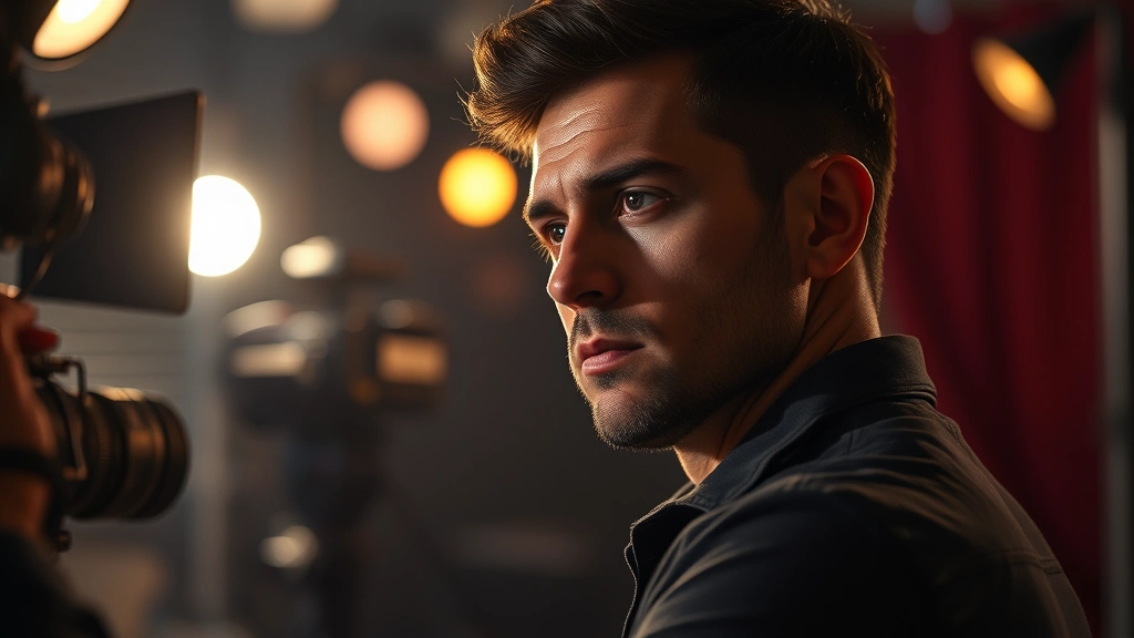 A professional actor in contemplative pose during a film production set, dramatic lighting emphasizing facial features and emotional intensity, cinematic depth of field, theatrical atmosphere