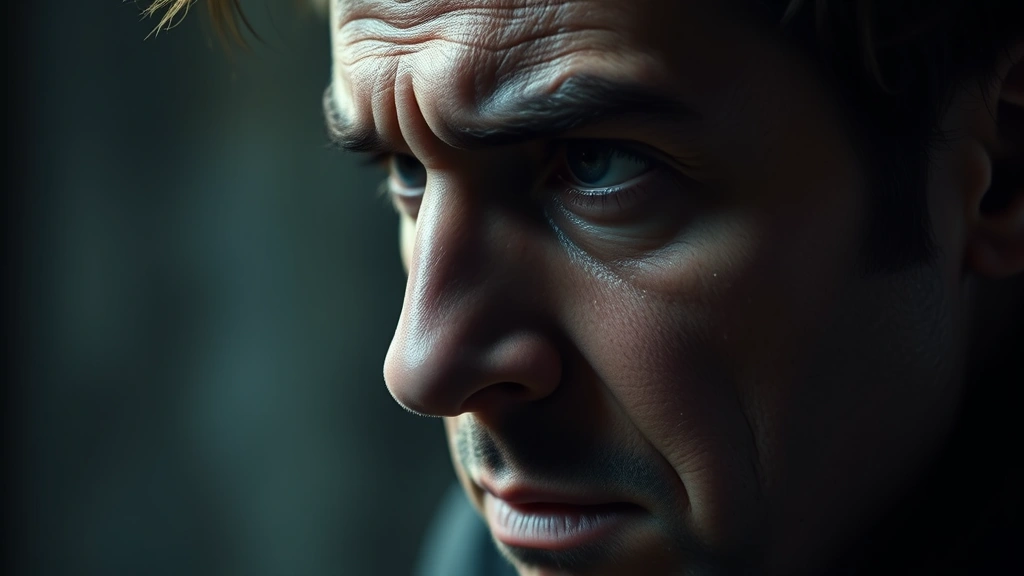 Close-up of an actor performing an emotionally complex scene, intense facial expression conveying psychological depth, professional cinema lighting, shallow depth of field isolating character from background