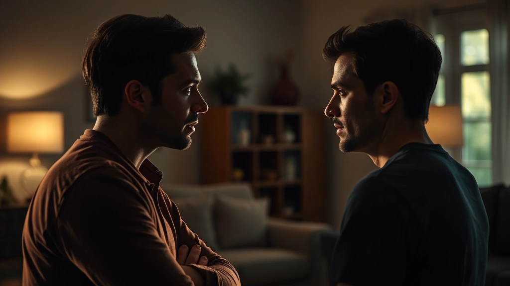 Close-up of two people in tense conversation in a living room setting, dramatic lighting creating shadows, psychological tension visible in body language and expressions, photorealistic cinematography style, no screen displays or text
