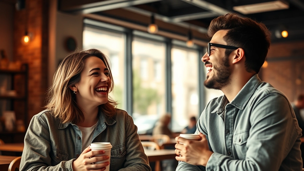 Two adults laughing together in a casual urban coffee shop setting, warm natural lighting streaming through windows, contemporary casual clothing, genuine joyful expressions, digital media aesthetic