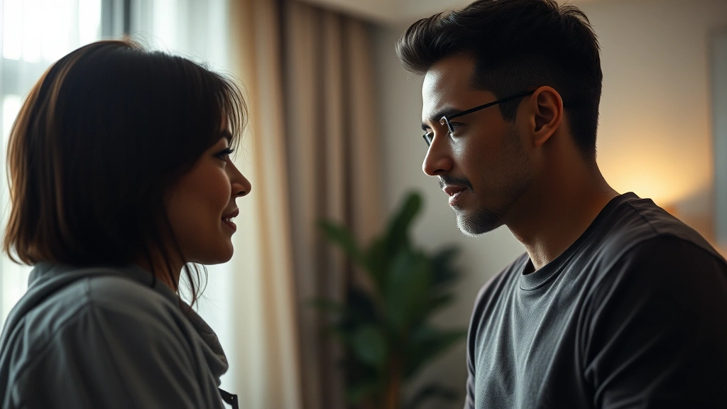 Close-up of two characters sharing an emotional vulnerable moment, soft diffused lighting, intimate conversation scene, modern apartment interior background, authentic human connection captured