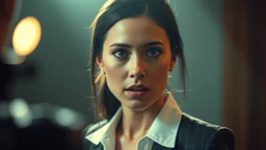 Professional actress in dramatic scene, intense emotional expression, modern film lighting, shallow depth of field, contemporary cinema aesthetic, photorealistic portrait