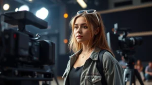 Young female actor on film set with professional lighting and camera equipment, wearing casual wardrobe, focused expression during scene preparation, modern soundstage environment