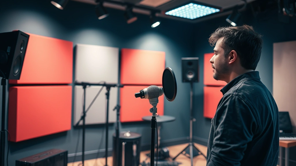 Contemporary streaming studio recording space with actor at microphone for voice performance work, professional acoustic panels and technical equipment visible, concentration and artistic engagement