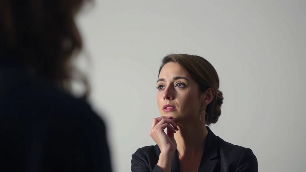 Professional female actor in contemplative pose during dramatic scene, soft studio lighting, emotional intensity visible in facial expression, neutral background
