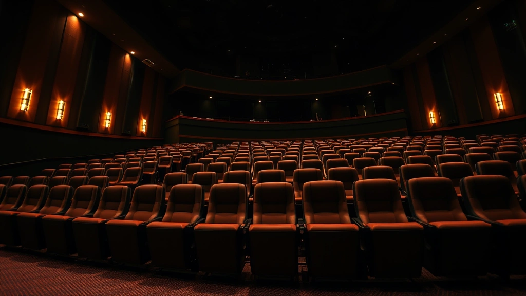 Movie theater interior with elegant seating, warm ambient lighting, empty seats suggesting anticipation, cinematic atmosphere with premium visual presentation