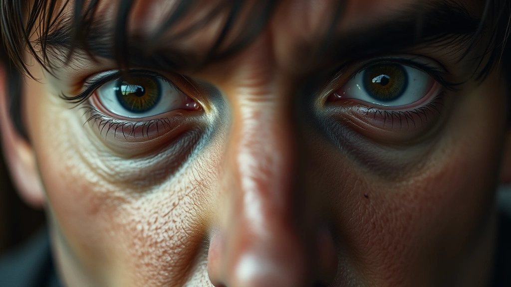 Close-up of an actor in an intense emotional moment, eyes conveying deep psychological complexity, natural lighting highlighting subtle facial expressions, professional headshot style but capturing raw vulnerability and internal conflict