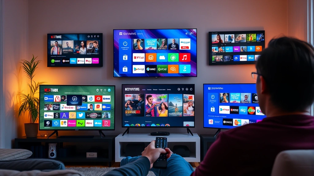 Modern streaming setup showing multiple platform interfaces on screens, casual home viewing environment, warm ambient lighting, person holding remote control, diverse digital entertainment options visible, contemporary media consumption aesthetic