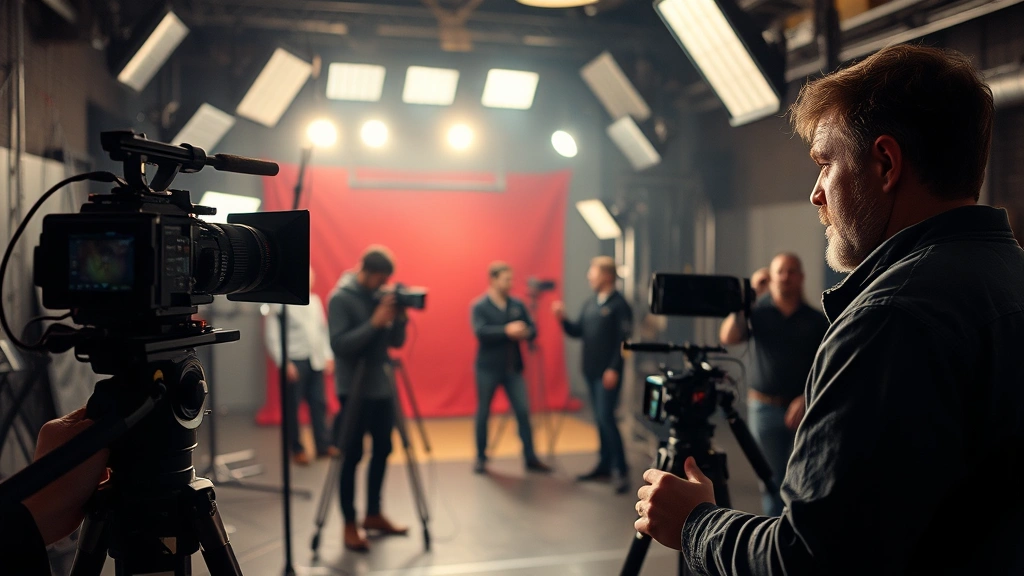 Professional film set with camera equipment and lighting rigs, actor in character during dramatic scene, director and crew in background, cinematic production values, behind-the-scenes authentic atmosphere capturing serious dramatic work