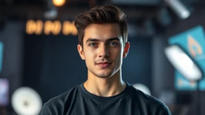 Young male actor in professional headshot with subtle lighting, confident expression, modern digital media production studio background, soft focus bokeh, cinematographic quality