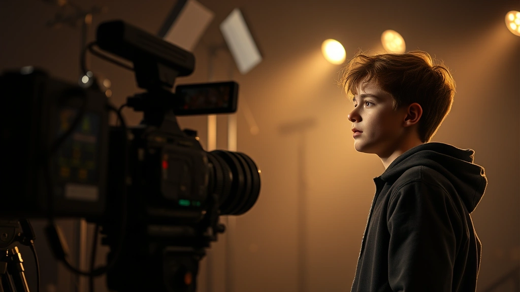 Film production set with young actor performing emotional scene, camera equipment visible, professional lighting setup, dramatic atmospheric lighting, cinematic depth of field