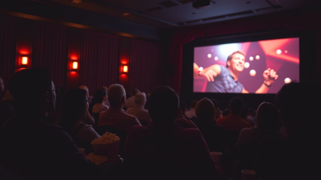 Movie theater audience watching screen with warm ambient lighting, silhouettes of engaged viewers, popcorn and refreshments visible, cozy theater environment, warm color grading