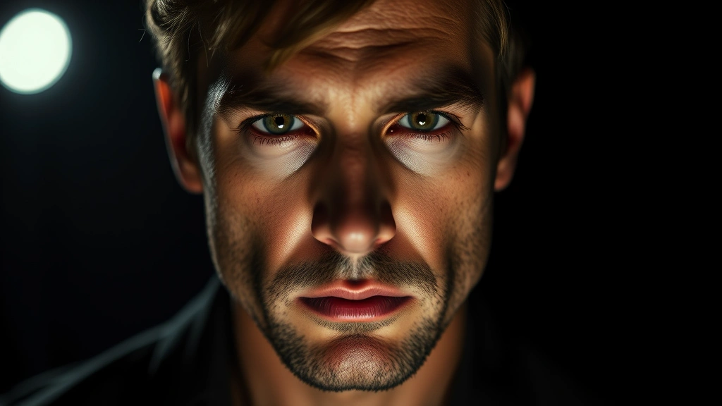 Close-up portrait of a male actor in dramatic lighting, showing intense emotional expression, professional headshot style, moody cinematography aesthetic, dark background emphasizing facial features and eyes