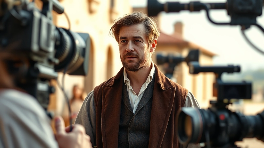 Film set scene showing a male actor in period costume on location during production, natural daylight, professional camera equipment visible in soft focus, documentary-style behind-the-scenes photography