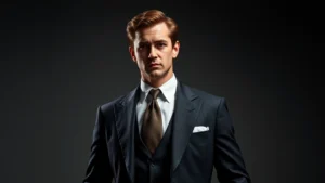Professional male actor in 1960s spy thriller costume, sophisticated suit and confident stance, studio lighting, dramatic shadows, photorealistic portrait style