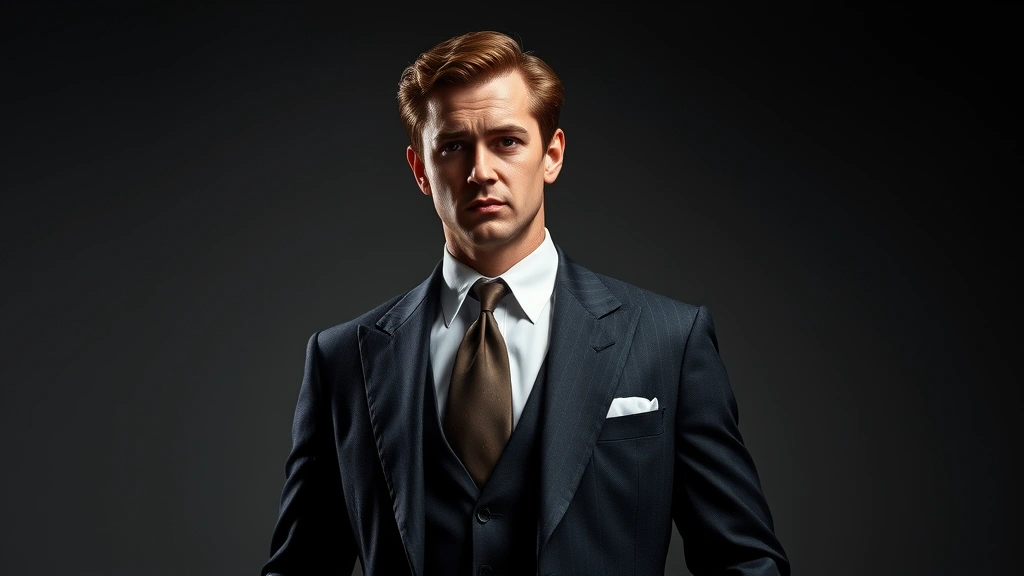 Professional male actor in 1960s spy thriller costume, sophisticated suit and confident stance, studio lighting, dramatic shadows, photorealistic portrait style