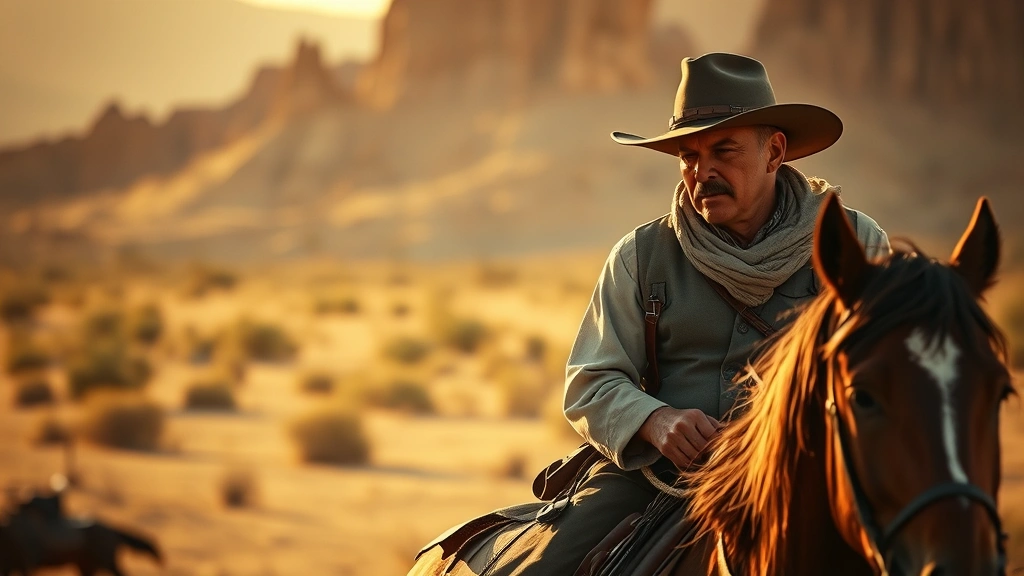 Weathered cowboy character in desert western landscape, mounted on horse, golden hour lighting, authentic period costume, cinematic depth of field