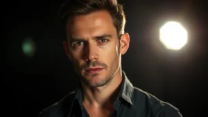 Professional male actor in dramatic lighting, intense expression, theatrical setting, moody atmosphere, cinematic quality photography, dark background, sharp focus on face