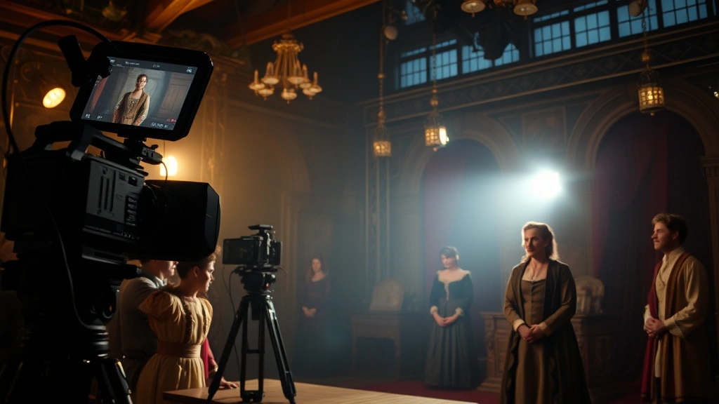Film production scene, actor performing in period costume, elaborate set design, professional film lighting, dramatic moment captured, high-quality cinematography