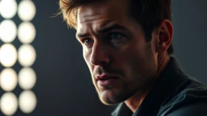 Professional actor in dramatic scene, intense facial expression, studio lighting, focused on performance authenticity and emotional depth, modern cinematic aesthetic
