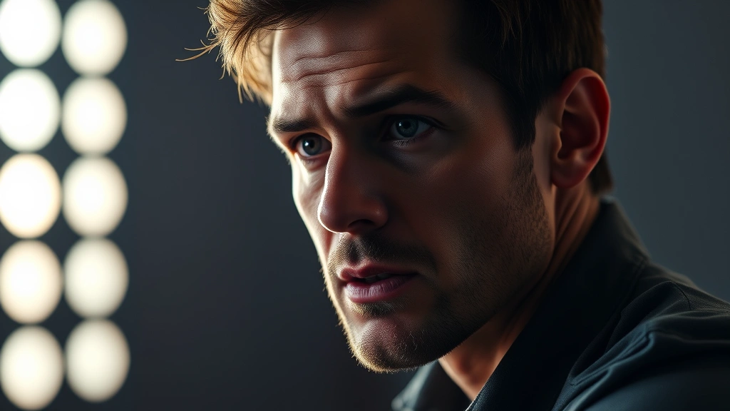 Professional actor in dramatic scene, intense facial expression, studio lighting, focused on performance authenticity and emotional depth, modern cinematic aesthetic