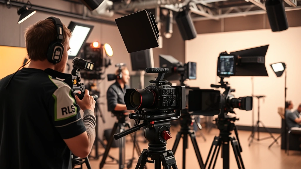 Film production equipment on set, camera and lighting rigs, professional cinematography setup, showing technical filmmaking craft, modern studio environment