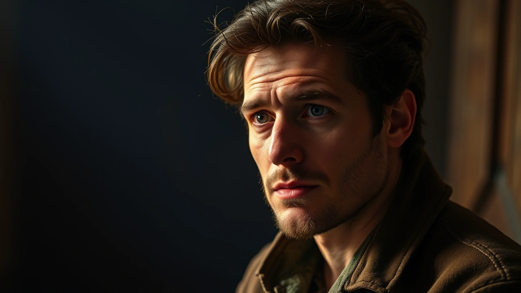Actor in character study moment, contemplative expression, natural lighting, showing psychological complexity and emotional nuance in performance