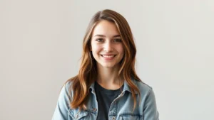 Professional headshot of young female performer in studio lighting, casual contemporary clothing, confident expression, neutral background, natural daylight studio setting, no text or logos visible