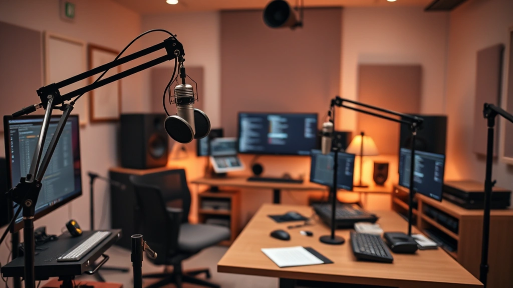 Digital media workspace with professional audio equipment, microphone setup, and contemporary podcast studio aesthetic, warm lighting, organized production space, no visible screens or monitors with readable content
