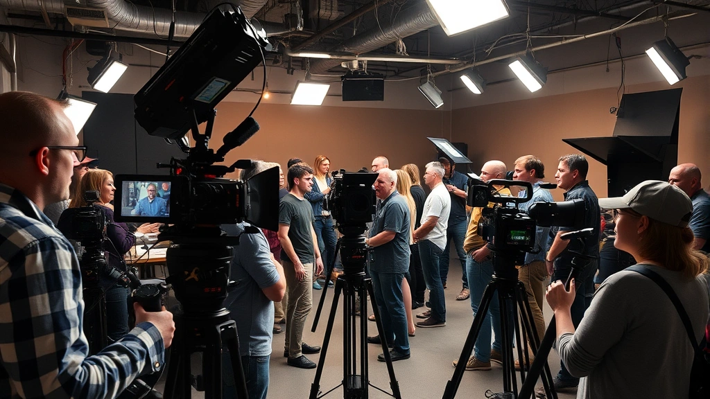 Behind-the-scenes film set environment, crew and equipment visible, collaborative creative atmosphere, professional cinematography setup, diverse production team members working