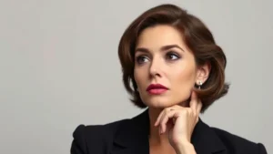 Professional headshot of a contemplative female actress in 1960s-inspired styling, soft studio lighting, neutral background, sophisticated and introspective expression