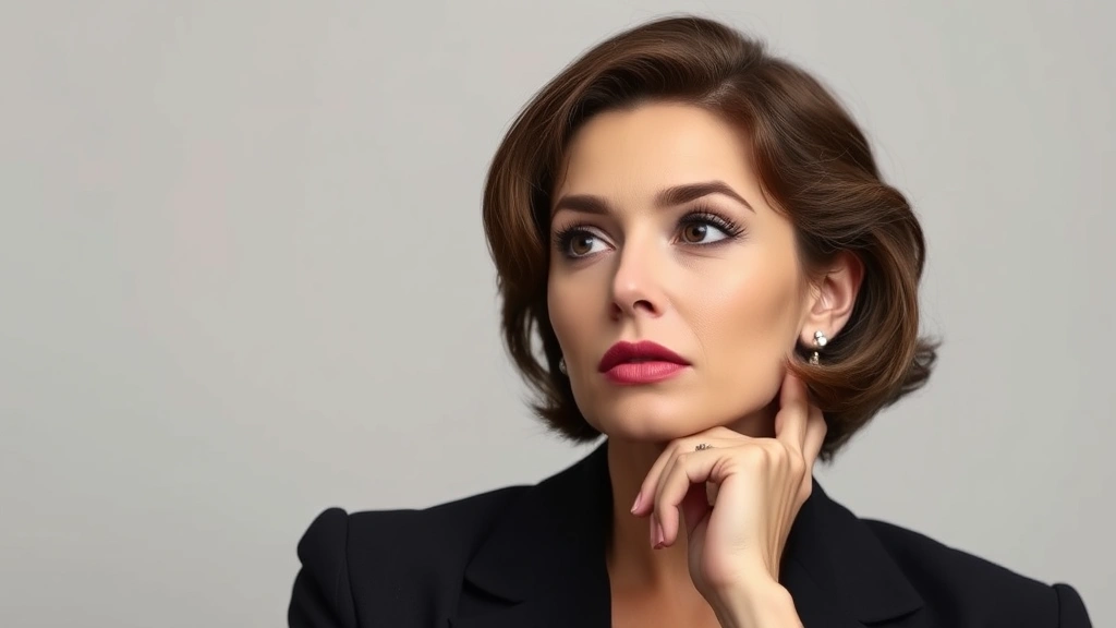 Professional headshot of a contemplative female actress in 1960s-inspired styling, soft studio lighting, neutral background, sophisticated and introspective expression