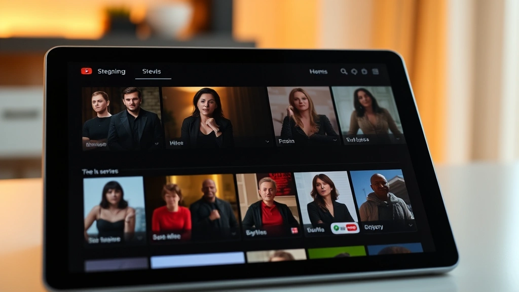 Modern streaming service interface displayed on tablet device showing various television drama series thumbnails, minimalist tech aesthetic, warm ambient lighting