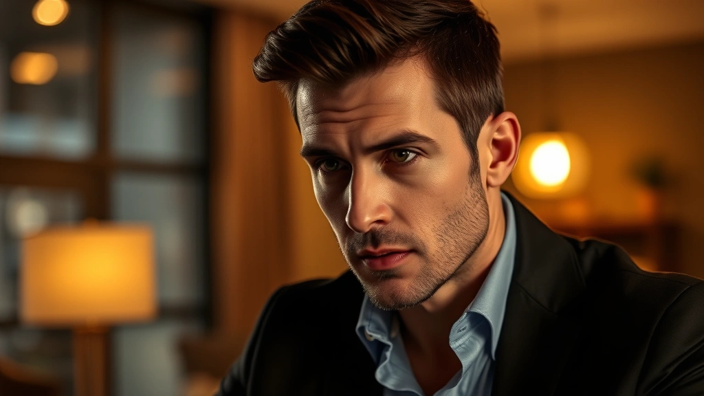Professional male actor in modern dramatic television scene, intense emotional expression, contemporary indoor setting with warm lighting, photorealistic detail